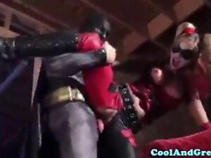 Harley Quinn's adjutant gets a surprise when she seductively offers him a goodnight kiss, leading to a wild encounter in her bedroom.